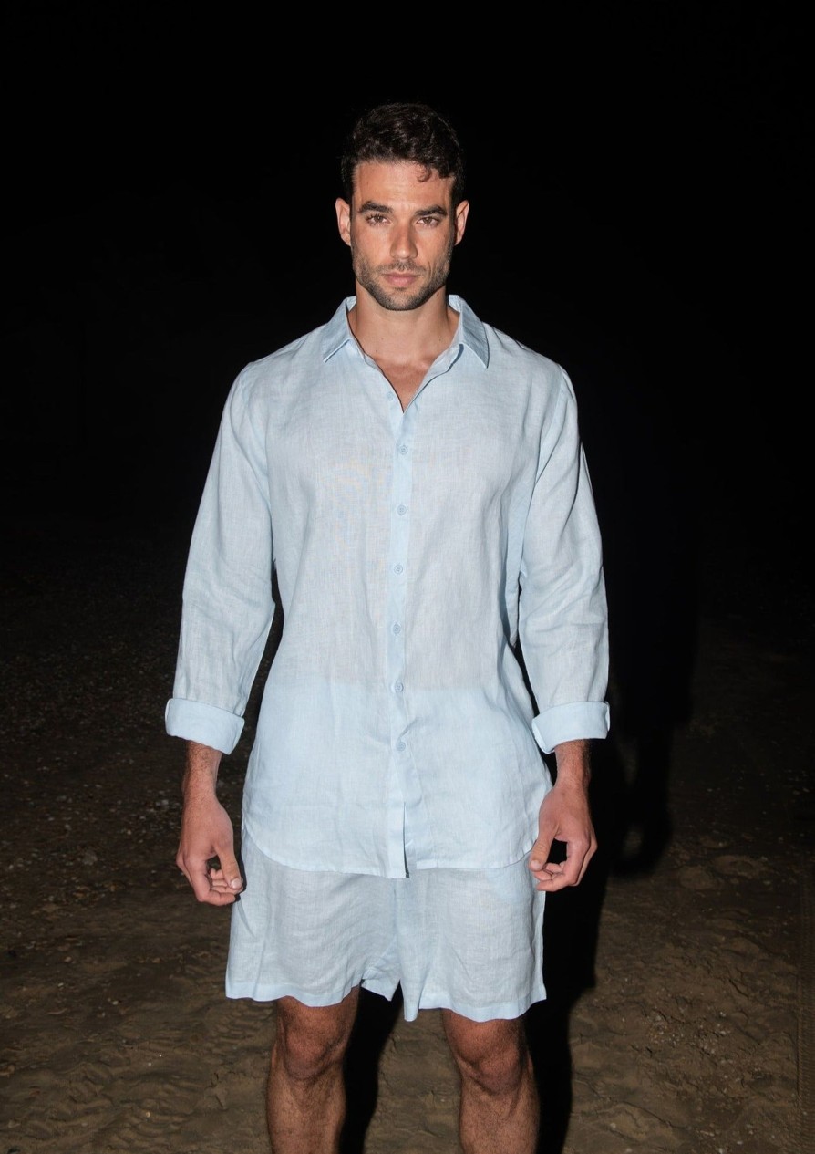 Bananhot Men'S Beachwear | Danny Linen Light Blue - Shirt
